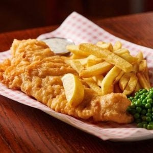 fish and chip feast with wine or beer for two