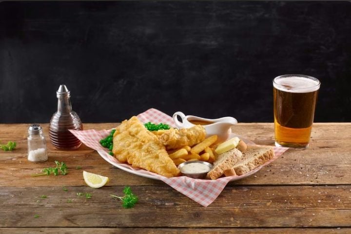 fish and chip feast with wine or beer for two